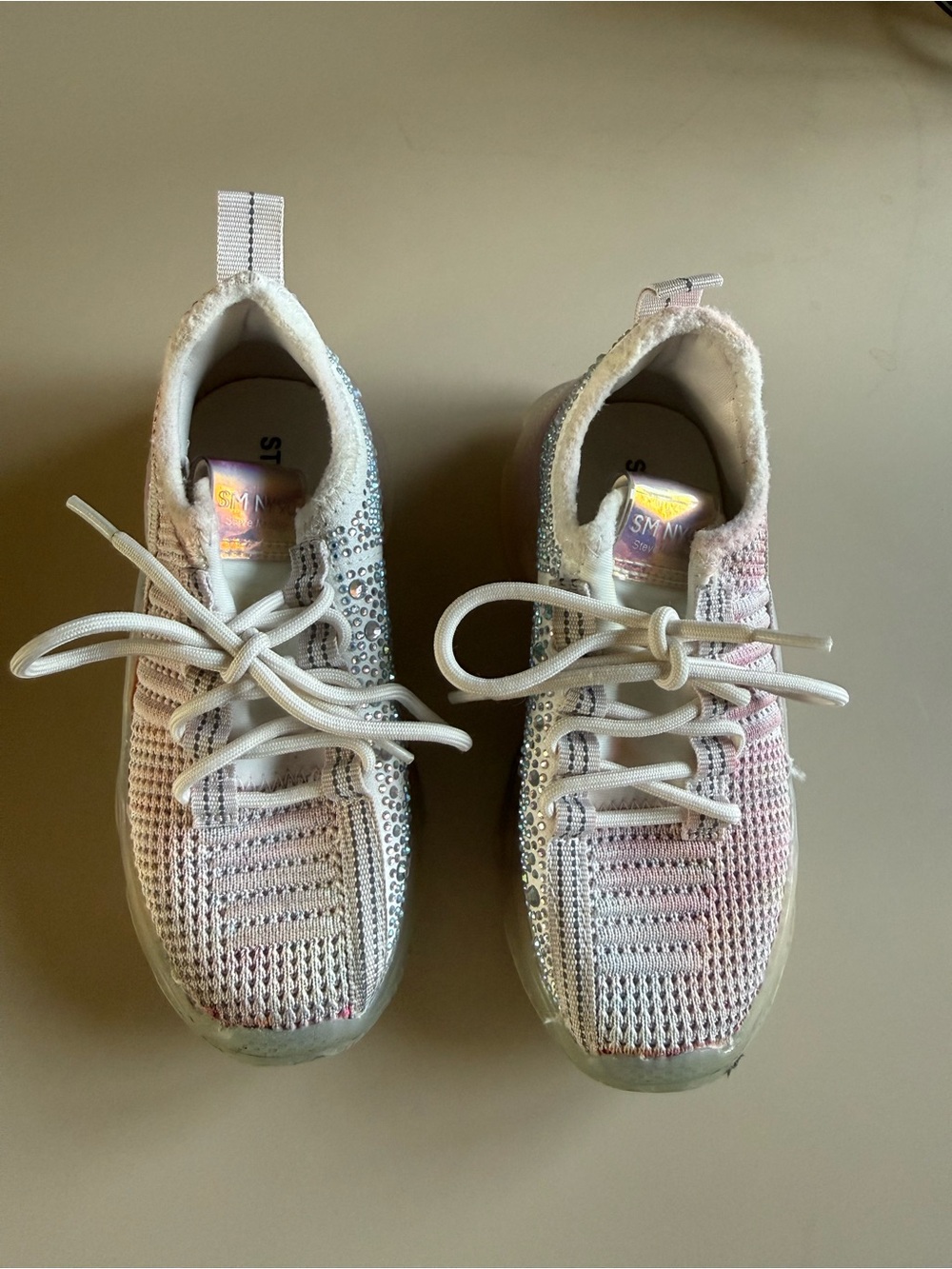 Steve Madden White Knit Sneakers with Pink Sparkle Accents - Picture 2 of 7